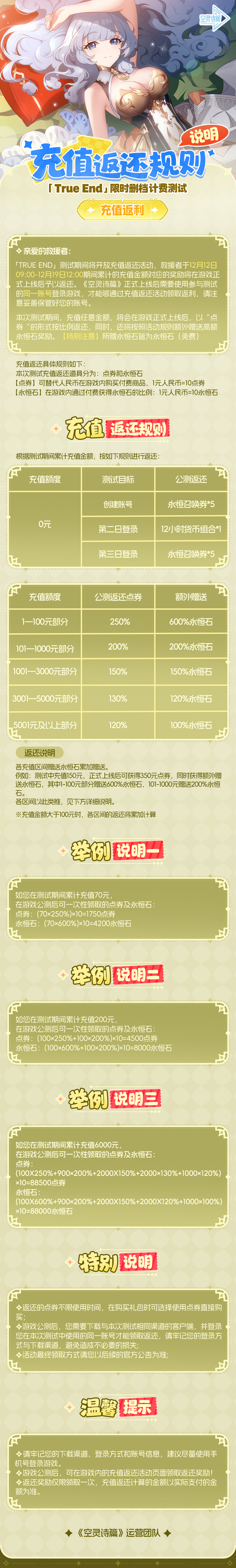 「True End」测试充值返还规则说明